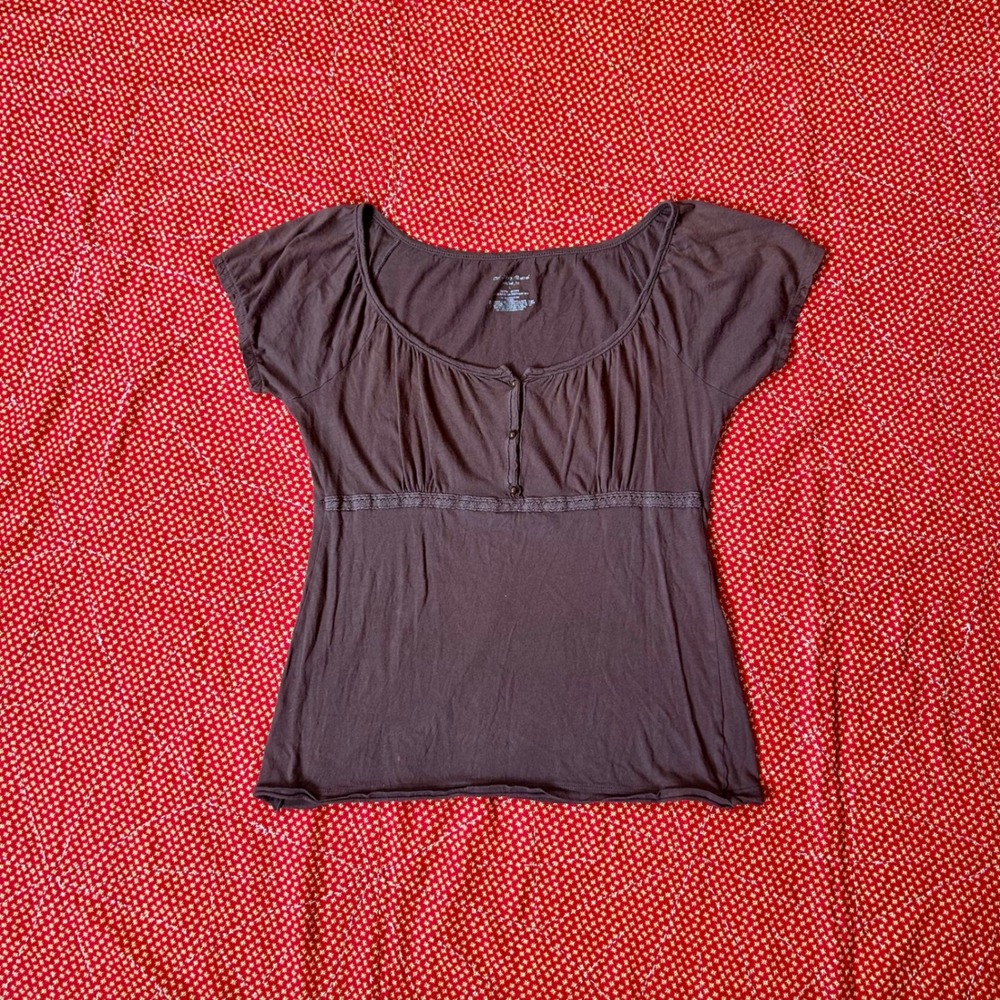 Vintage 2000s Old Navy Brown Cotton babydoll style Top Large Short Sleeve